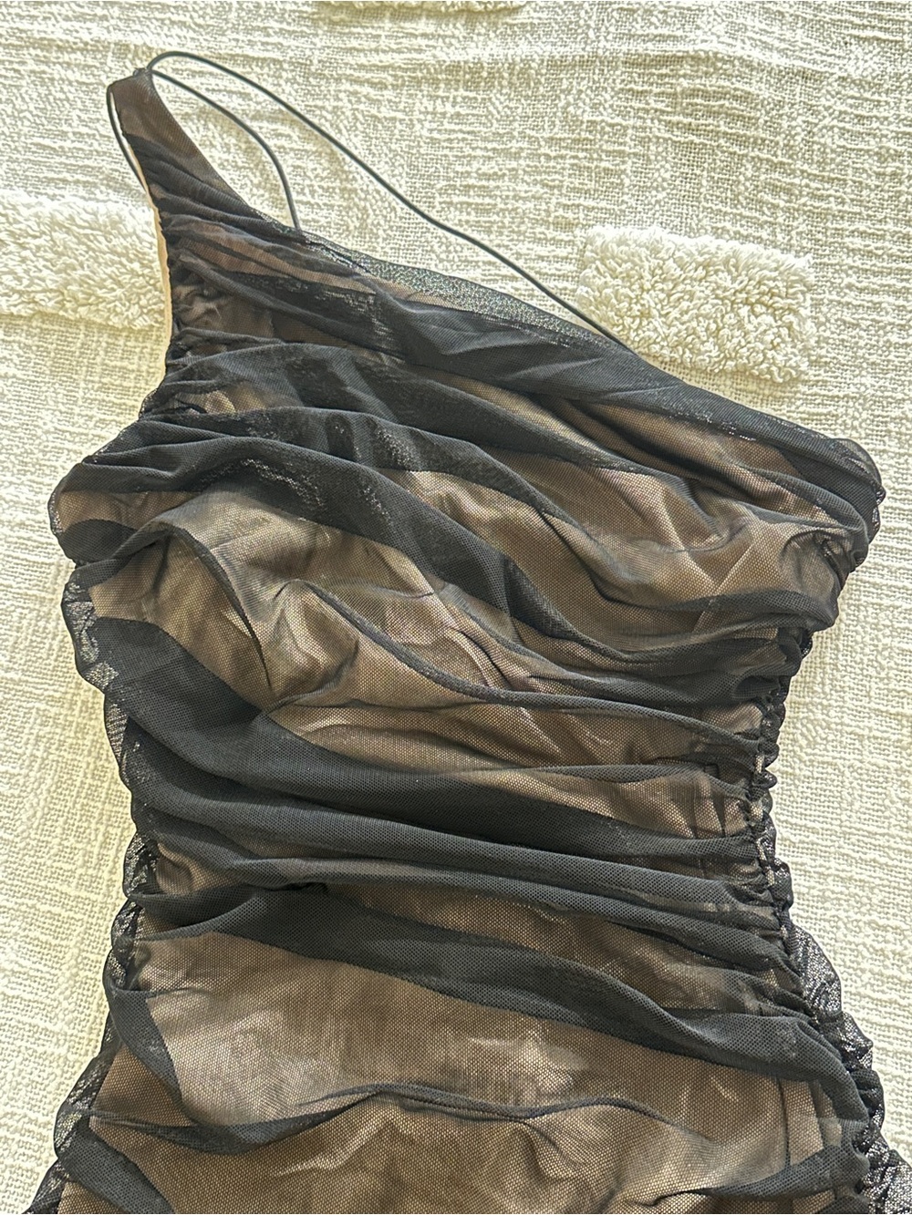 B Darlin Black One-Shoulder Ruched Sheer Evening Dress